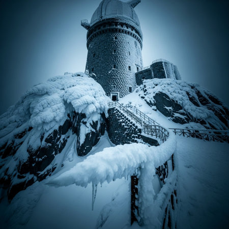 Winter view of the old lighthouse in the mountains. Toned.の素材