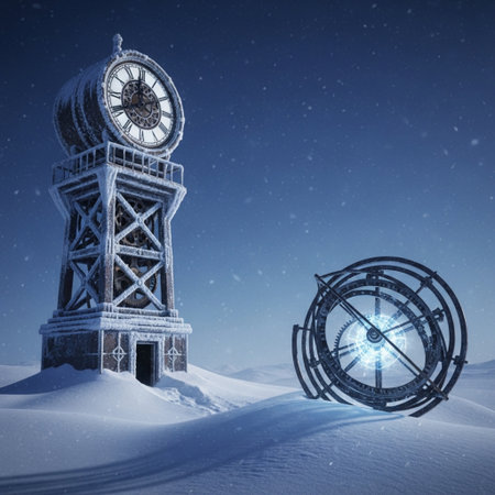 Winter landscape with old clock and snowdrift. 3d renderの素材