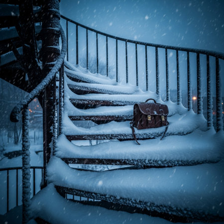 A suitcase on the stairs in the snow at night in the city.の素材