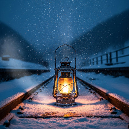 Lantern on the railway tracks in the snow. Christmas background.の素材
