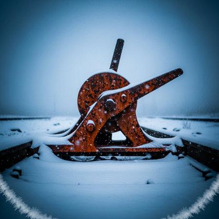 Old rusty swing in the snow at the railway station in winter.の素材