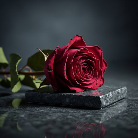 Red rose on a black stone on a dark background. Valentine's Day.の素材