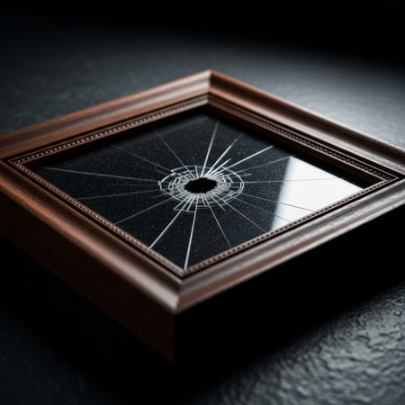 Broken picture frame on dark background. Shallow depth of field.の素材