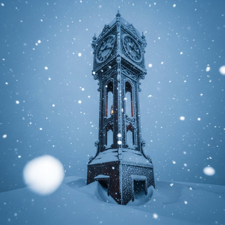 Snowy clock tower in the park. Winter landscape. Snowfall.の素材
