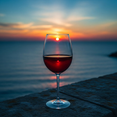Glass of red wine on the background of the sea and sunset.の素材