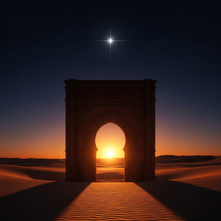 3d rendering of arabian arch in the desert at sunsetの素材