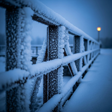 Frozen fence on a bridge in winter, closeup of photoの素材