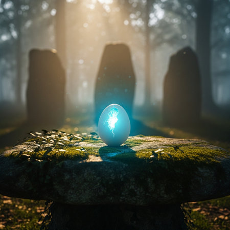 Glowing Easter egg in the dark mysterious forest. Easter card concept.の素材