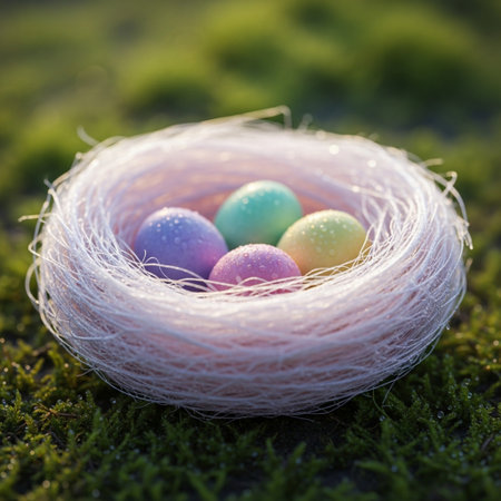 Easter eggs in the nest on green grass with bokehの素材