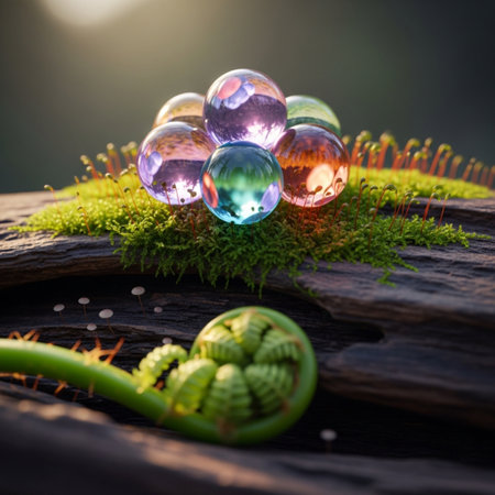 Green moss and glass balls on old wooden background. Nature concept.の素材