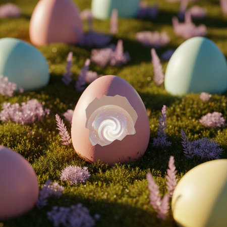 Easter eggs on the grass with purple flowers in the background.の素材