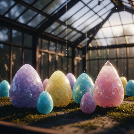 Easter eggs in a glasshouse on a background of green mossの素材