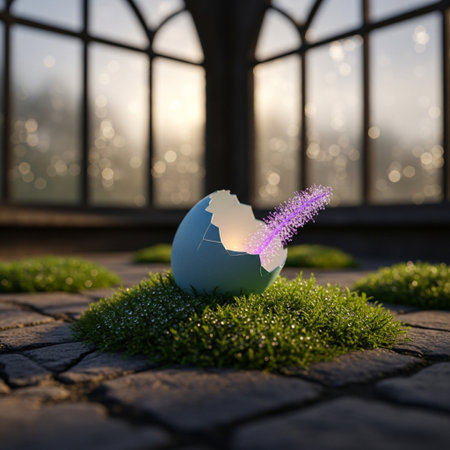 Easter egg decorated with grass and flowers in front of the windowの素材