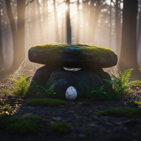 A soccer ball on a stone and a misty forest in the backgroundの素材