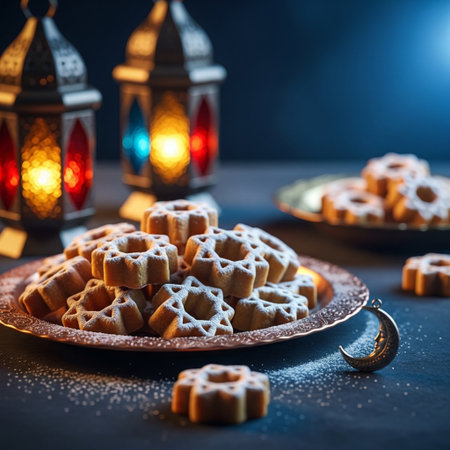 Cookies in the form of snowflakes on a dark backgroundの素材