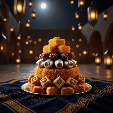 Traditional eid mubarak cake with fruits and sweets, 3d renderingの素材