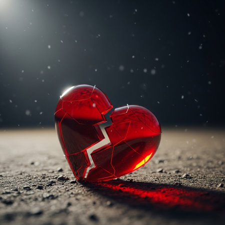 Broken heart on dark background. 3d illustration. Copy space.の素材