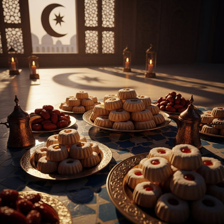 Traditional eid mubarak sweets on table in moroccoの素材