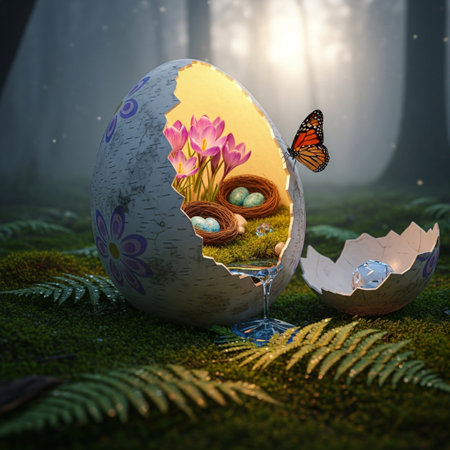 Easter egg with butterfly and eggs in the forest. 3d renderの素材