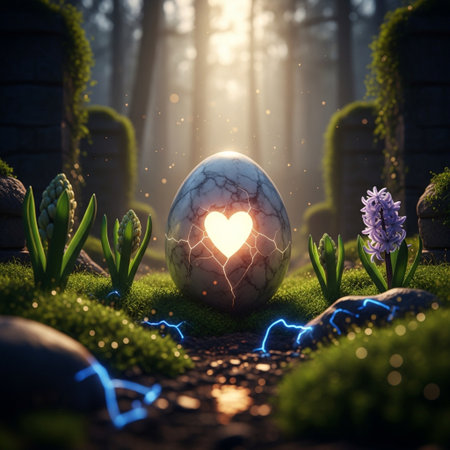 Easter egg with heart in the forest. 3D rendering.の素材