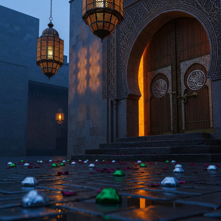 3D Illustration of Ramadan Kareem lanterns in front of the mosqueの素材