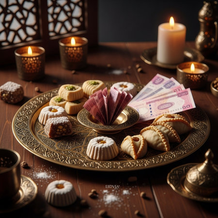 Traditional oriental sweets with money and candles on a wooden table.の素材