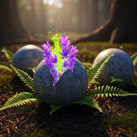 Easter egg with spring flowers in the forest. 3D renderingの素材
