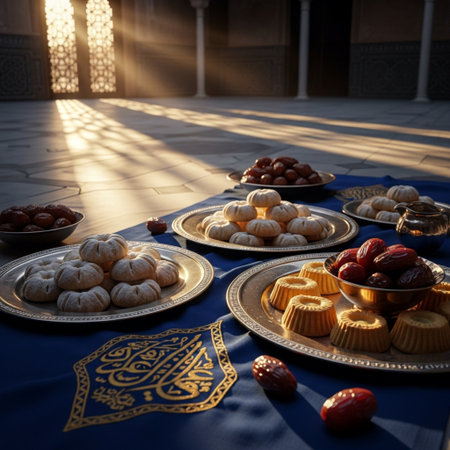 Traditional oriental sweets on the table. Ramadan Kareem background.の素材