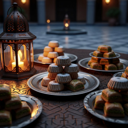 Arabic sweets on the table with lanterns. Ramadan Kareem backgroundの素材