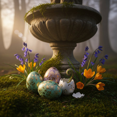 Easter eggs and crocuses in the forest. Easter backgroundの素材