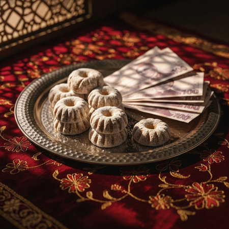 Traditional Arabic cookies on a silver plate with money. Selective focus.の素材