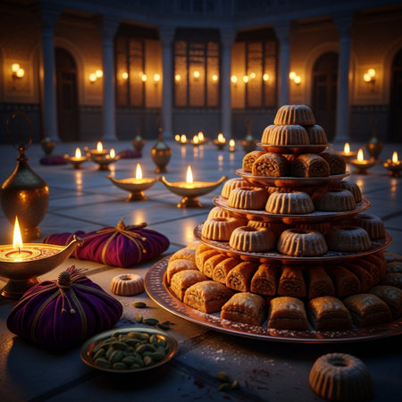 Indian Festival Dussehra, showing Diwali or Deepawali oil lamps and sweets.の素材