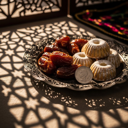 Dates and Turkish delight in a silver plate on a wooden tableの素材