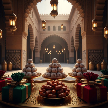 3d rendering of iftar mabrour with sweets and giftsの素材