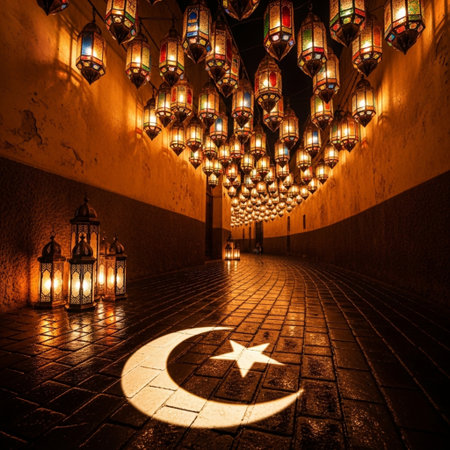 Hanging lanterns at night in Rabat, Morocco, Africaの素材