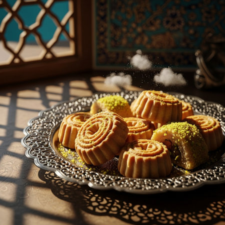 Ramadan Kareem. Traditional Arabian cookies on a silver plate.の素材