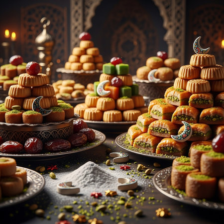 Group of assorted eastern sweets on dark background. Ramadan Kareem concept.の素材