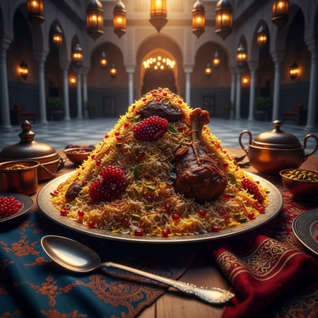 Rice pilaf with meat and vegetables in the form of a Christmas treeの素材