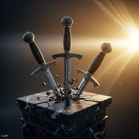 Medieval sword on a stone pedestal. 3d rendering.の素材