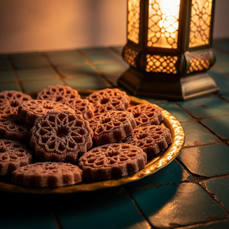 cookies with a pattern on a plate and lantern in the backgroundの素材