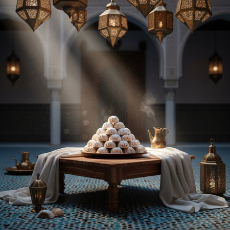 Ramadan Kareem greeting card with arabic lanterns and sweetsの素材