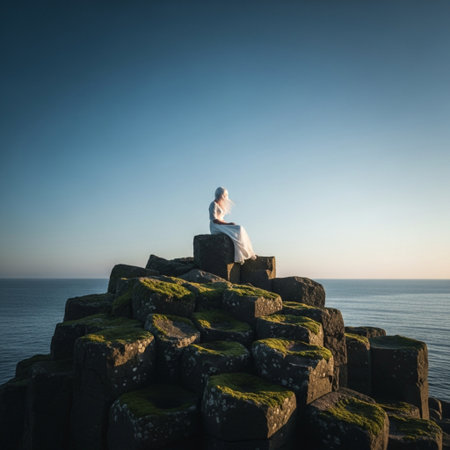 Beautiful bride in white wedding dress sitting on top of a rock and looking at the seaの素材