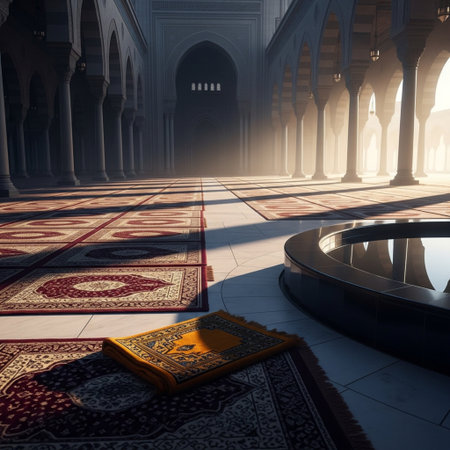 Mosque interior with carpet and rug in the rays of the morning sunの素材