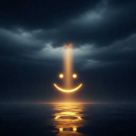Smiling emoticon in dark stormy sky with reflection on waterの素材