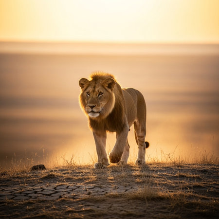 Lion walking towards camera at sunset in Serengeti National Park, Tanzaniaの素材