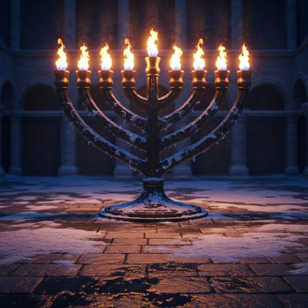 Hanukkah menorah with burning candles in front of the churchの素材