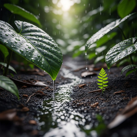 Water drop on green leaf in rain season. Nature and environment concept.の素材