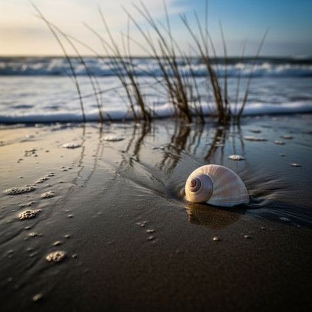 Seashell on the beach in the evening. Selective focus.の素材