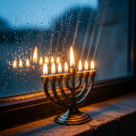 Jewish holiday Hanukkah with menorah (traditional candelabra) and burning candles on the windowの素材