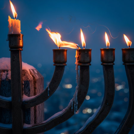 Jewish holiday Hanukkah with menorah (traditional candelabra) and burning candlesの素材